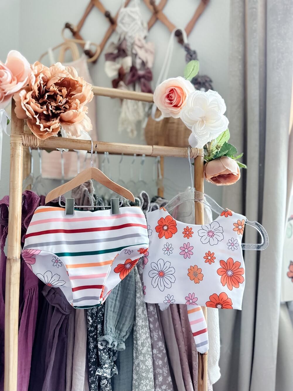 Blossom Babe 2pc Reversible Boho Floral + Stripes Swimsuit Set 2/3T